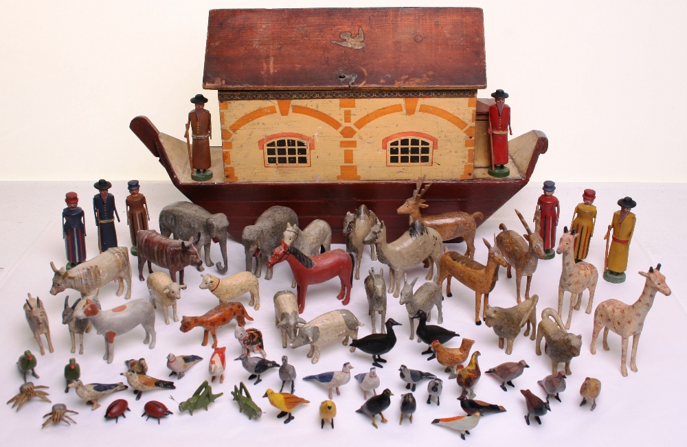 A painted wooden Noah’s Ark with Noah, Family and animals, German circa 1880, the bow bottomed ark