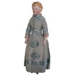 Good Parian-type shoulder head doll, German circa 1860, with painted blue eyes with red lines for