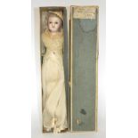 ‘Harriet’ wax over composition doll in original box, English circa 1850, with black glass pupil-less