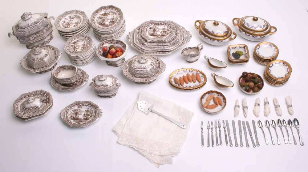 Miniature Dolls Dinner Service, English mid 19th century, glazed china service with brown and