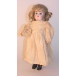 Kestner 192 bisque head doll, with fixed blue glass eyes, open mouth, upper teeth and blonde wig, on