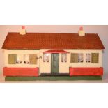 Painted wooden cottage, circa 1930, with cream exterior, six windows with four card printed