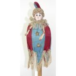 Marotte bisque head musical doll, German circa 1890, with fixed blue glass eyes, closed mouth and