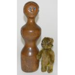 Schuco Yes/No Teddy bear and a wooden skittle doll, the brown mohair bear with stitched nose and