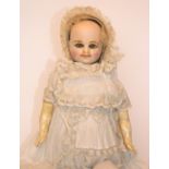 Rare two faced wax doll, German 1880, the happy and sad faces encased in a papier- mache hood and