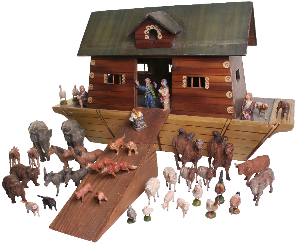 A rare and large Elastolin Noah’s ark and animals, German 1940s, the wooden ark with ochre and brown