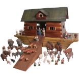 A rare and large Elastolin Noah’s ark and animals, German 1940s, the wooden ark with ochre and brown