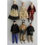 Six German bisque head Dolls House dolls, all with painted features cloth bodies and bisque lower
