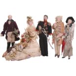 Five German bisque head Dolls House dolls, all with painted features, including bride with cloth