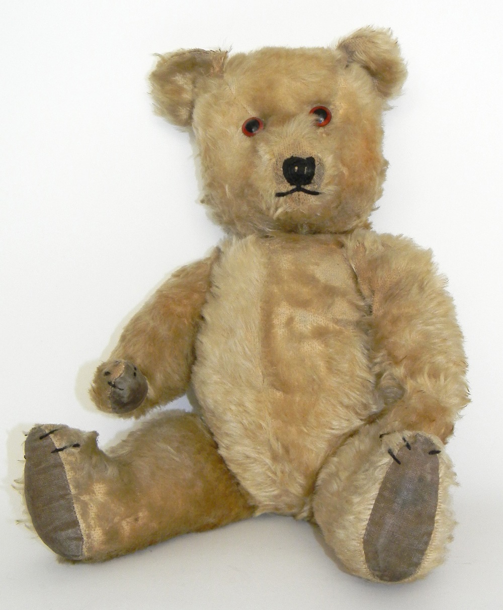 Chiltern Teddy bear, English 1950’s, light brown mohair bear with orange plastic eyes, stitched