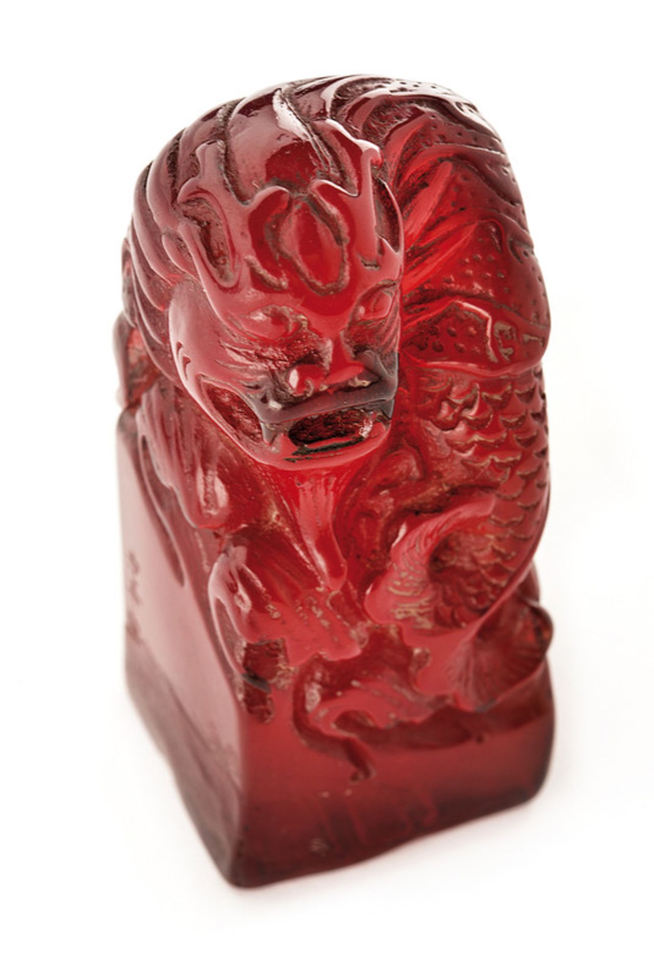 A lot of two signets dating: 19th Century provenance: China Of red amber. Chiselled as dragon or Foo - Image 5 of 7