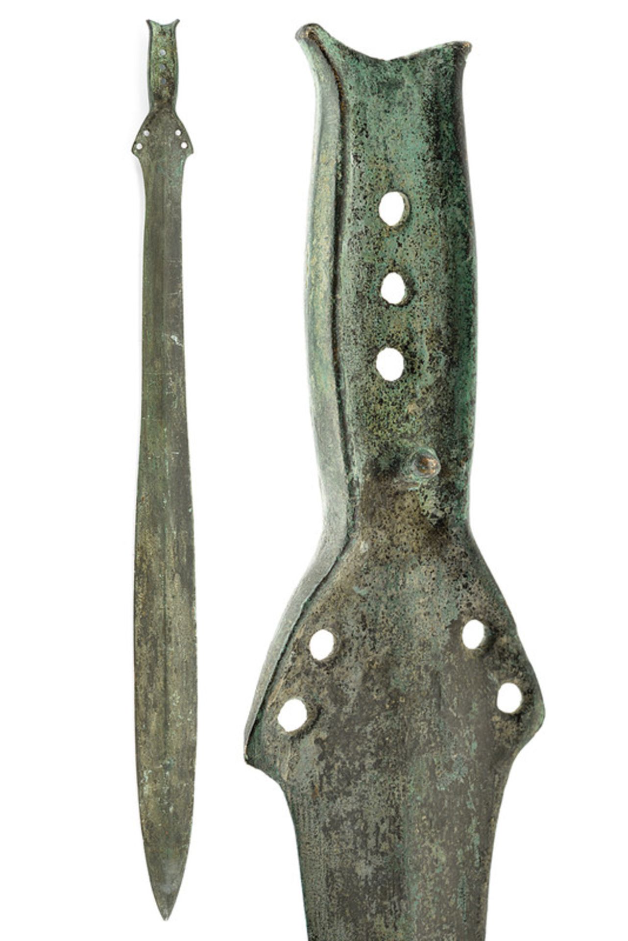 A bronze sword dating: 1200-1000 B. C. provenance: Central Europe Straight blade widening toward the