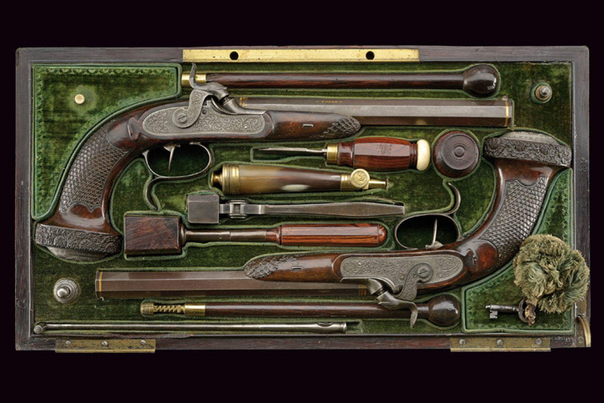 A cased luxury pair of percussion pistols by Lelyon of nobile property dating: mid-19th Century