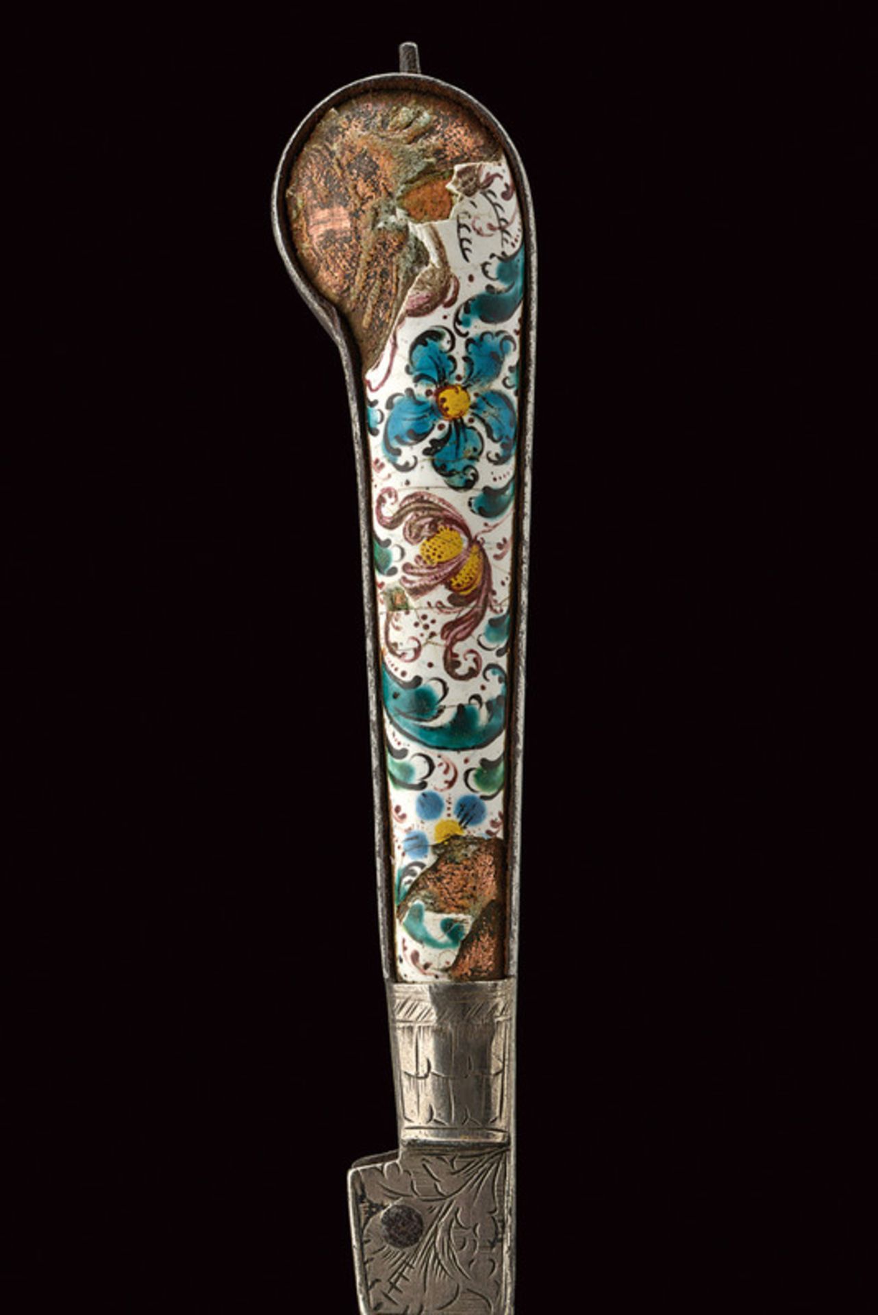 An enamelled folding fork dating: 18th Century provenance: Germany With two iron prongs; iron grip - Image 2 of 5