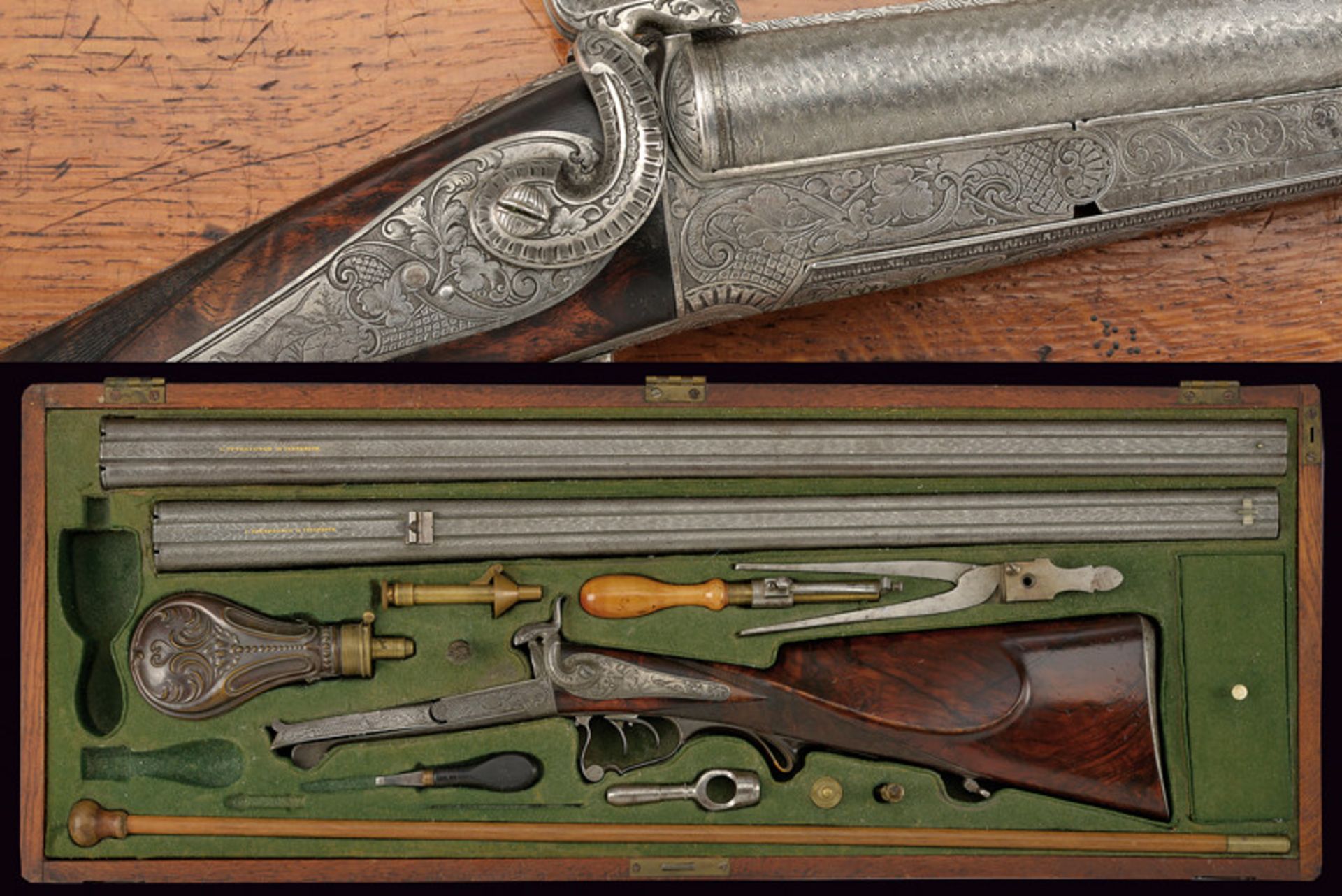 A cased luxury double-barrelled pin-fire shotgun with double barrels by Peterlongo dating: third
