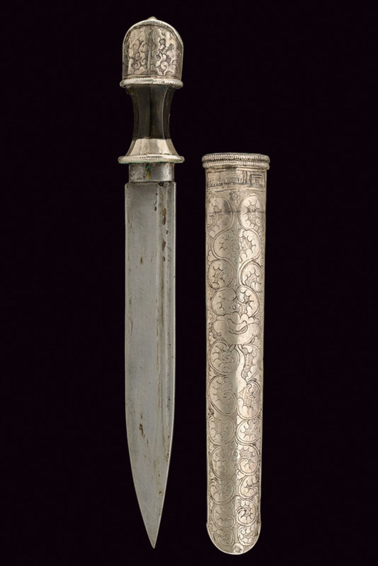 A silver mounted dagger dating: 19th Century provenance: Tibet Straight, single-edged blade with - Image 6 of 6