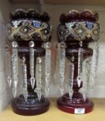 Pair of ruby glass table lustres H36cm