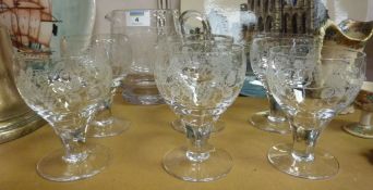 Seven piece glass water set with etched