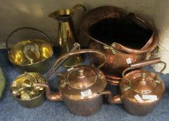 Copper coal scuttle, two copper kettles,