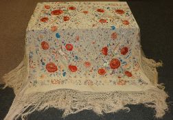 Large Chinese cream silk tasselled shawl