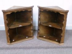 Pair oak wall hanging corner cupboards,