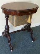 Victorian walnut work table, oval hinged