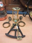 Brass Hour Glass, ebony sextant frame an