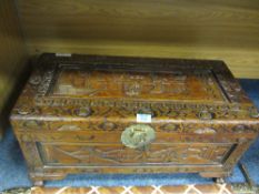 Small carved camphor wood chest H35cm