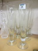 Set of six large champagne flutes with e