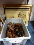 Large collection of carved African animal ornaments and three lion prints in one box
