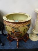 Chinese fish bowl jardiniere on stand H57cm