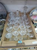 Cut crystal decanter, another decanter, set of 12 champagne saucers, Stuart crystal and other