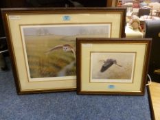 Owl in Flight and Heron, two signed limited edition prints after Robert Fuller