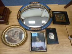 Convex mirror in blue and gilt frame, three portrait prints and one other miniature picture