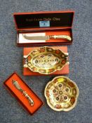 Two Royal Crown Derby dishes, both pattern no. 1128, cheese knife and butter knife