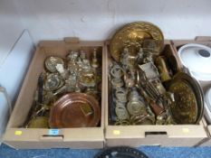 Collection of horse brasses, hearth ornaments and other decorative metalware in two boxes