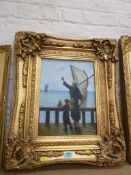 Seascape with figures oil on board by R Wilson in ornate gilt frame