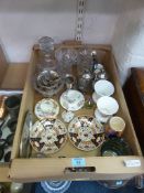 Miniature Dresden figure, two cabinet cups and saucers, silver platedware and glassware in one box