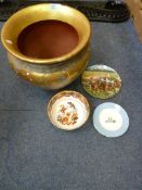 Large gold coloured planter H39cm, pedestal bowl, four Wedgwood 'Grand Tour' collector's plates and