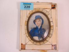 Late 19th/early20th century oval portrait miniature of a lady in a blue cape 8cm