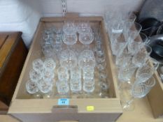 Set of eight cut crystal wine glasses, six cut crystal sherry glasses, and other drinking glasses