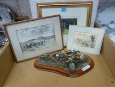 'National Hunt' bronze figure group of racehorses, two racing prints and a pen and ink sketch of a