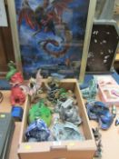 Collection of dragon ornaments and a large print in one box