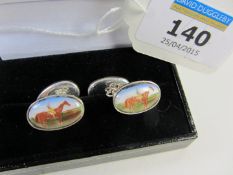 Pair of enamel horse racing cuff-links stamped 925