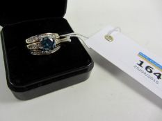 Blue diamond and channel set diamond interlocking ring both bands stamped 14k