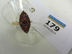 Gold lozenge shaped ruby cluster ring hallmarked 9ct