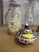 Japanese Satsuma two handled vase H17cm and a Royal Crown Derby lidded pot