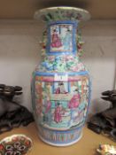 19th century Cantonese famille bleu baluster vase with applied dragon and dogs of foe decoration