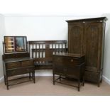 Early 20th century oak four piece bedroom suite comprising double wardrobe fitted with single
