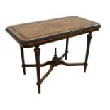 Victorian figured walnut and amboyna rectangular side table, canted corners, X framed base,